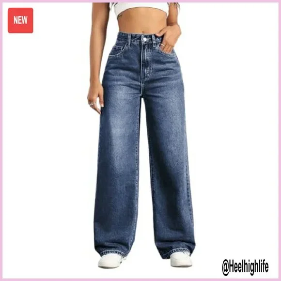 High Waisted Straight Leg Boyfriend Jeans, Stretchy Denim, Baggy Fit - Picture 2 of 7